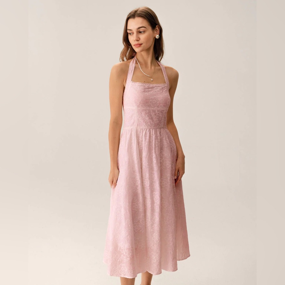 Rihoas Pink Embroidery Halter Midi Dress - Picture 2 of 8